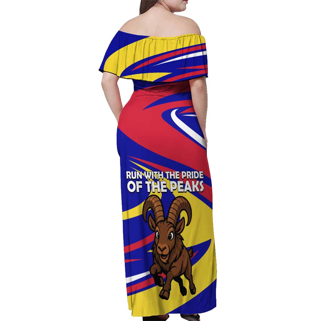 Andorra Off Shoulder Maxi Dress with Cartoon Ibex and Swirl Stripe Design - Wonder Print Shop