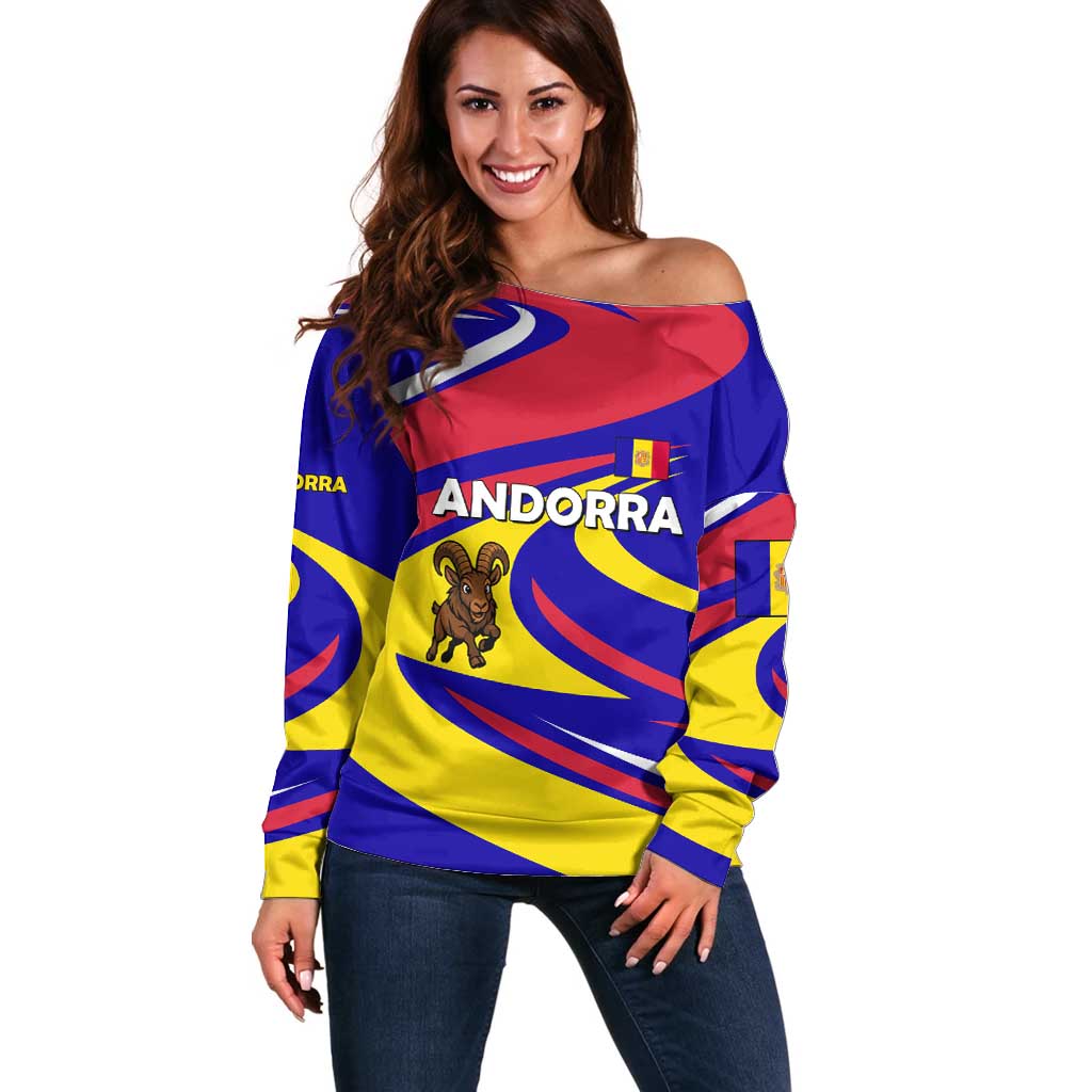 Andorra Off Shoulder Sweater with Cartoon Ibex and Swirl Stripe Design - Wonder Print Shop