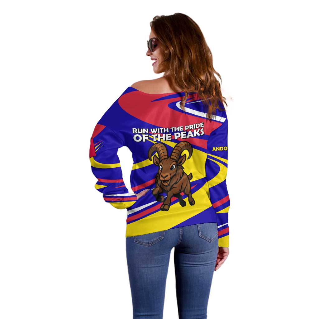 Andorra Off Shoulder Sweater with Cartoon Ibex and Swirl Stripe Design - Wonder Print Shop