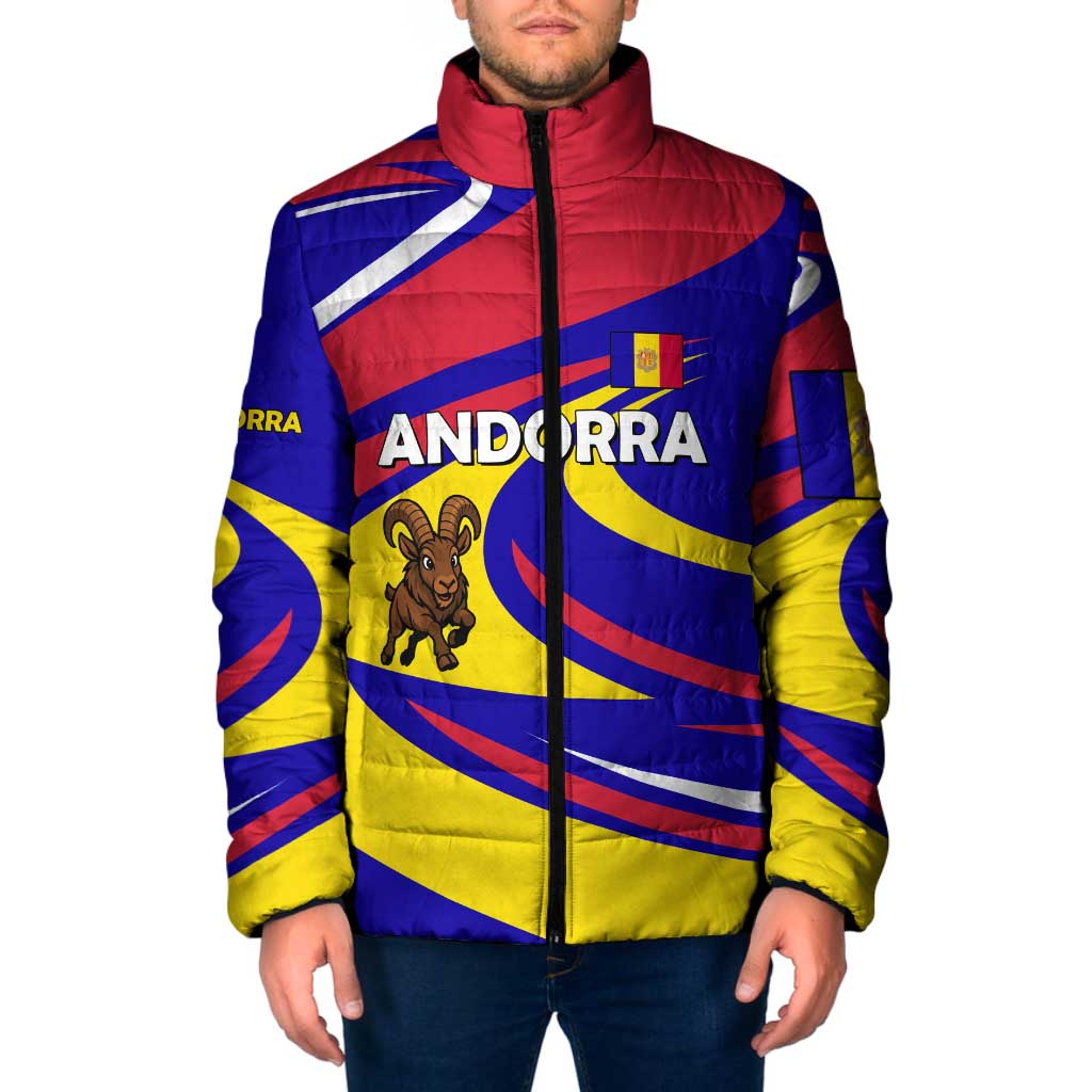 Andorra Padded Jacket with Cartoon Ibex and Swirl Stripe Design - Wonder Print Shop