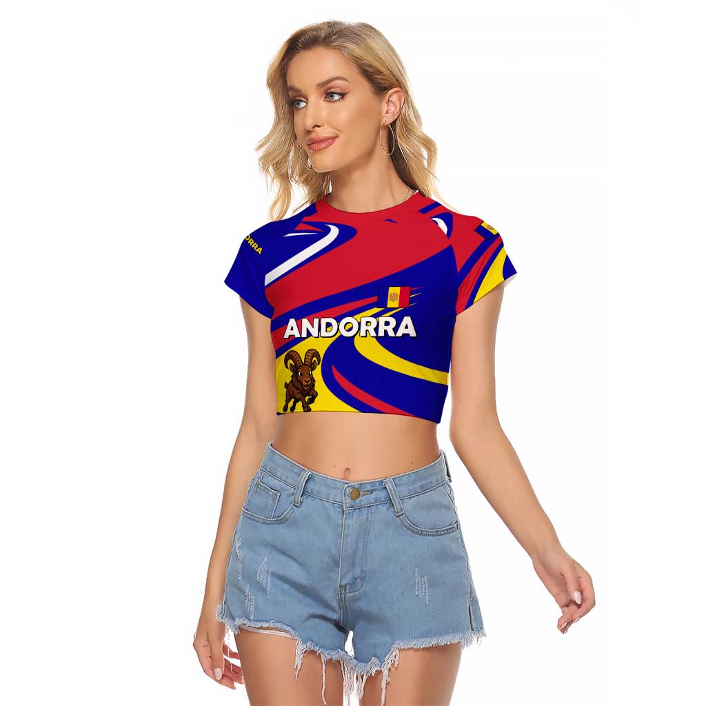 Andorra Raglan Cropped T Shirt with Cartoon Ibex and Swirl Stripe Design - Wonder Print Shop