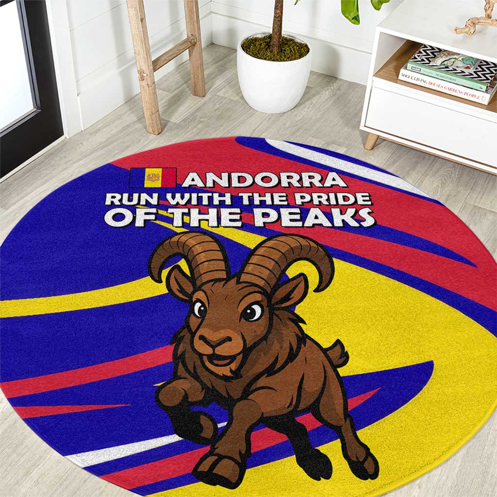 Andorra Round Carpet with Cartoon Ibex and Swirl Stripe Design - Wonder Print Shop