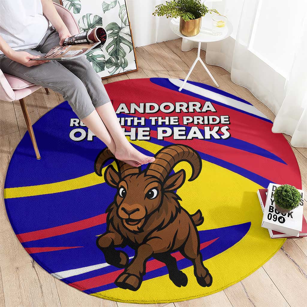 Andorra Round Carpet with Cartoon Ibex and Swirl Stripe Design - Wonder Print Shop