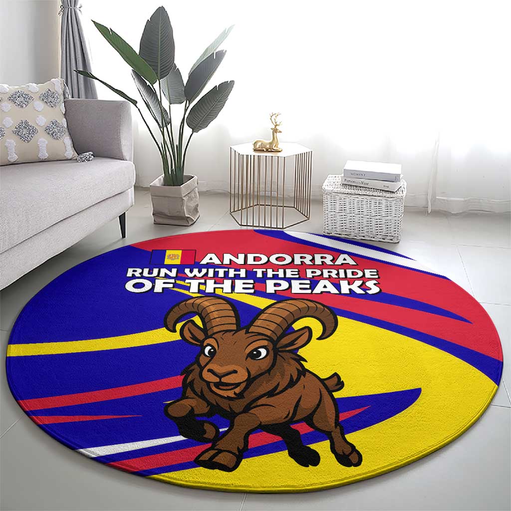 Andorra Round Carpet with Cartoon Ibex and Swirl Stripe Design - Wonder Print Shop
