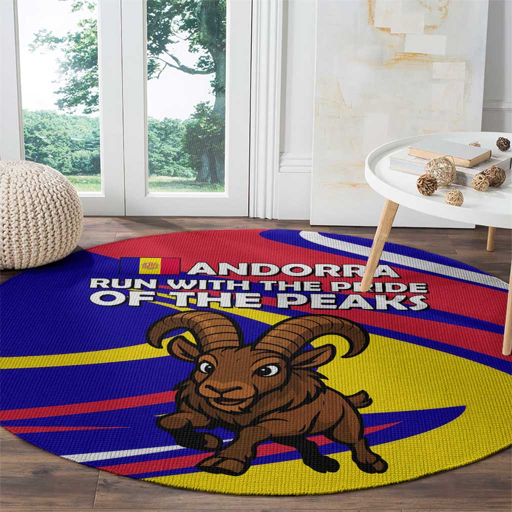 Andorra Round Carpet with Cartoon Ibex and Swirl Stripe Design - Wonder Print Shop