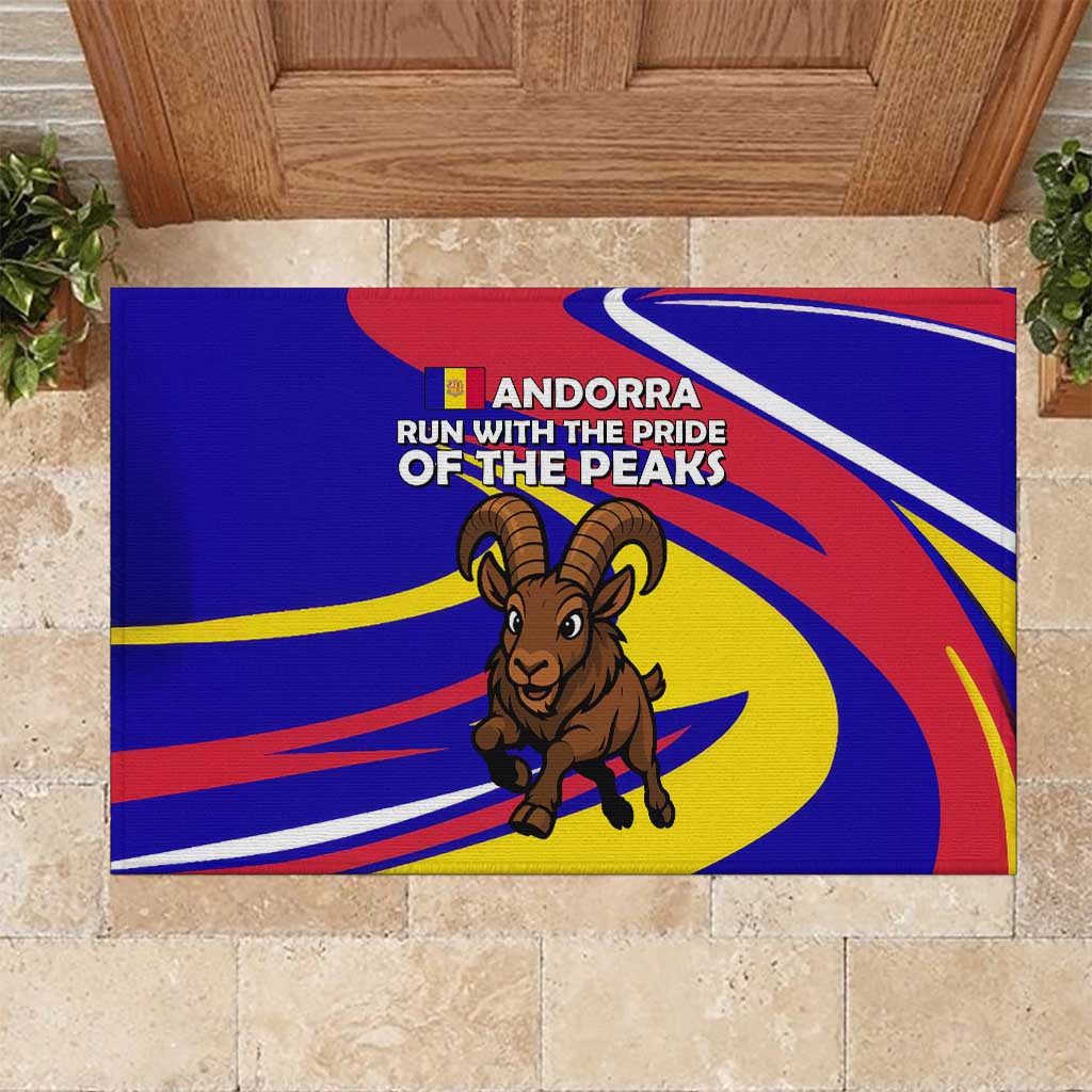 Andorra Rubber Doormat with Cartoon Ibex and Swirl Stripe Design - Wonder Print Shop