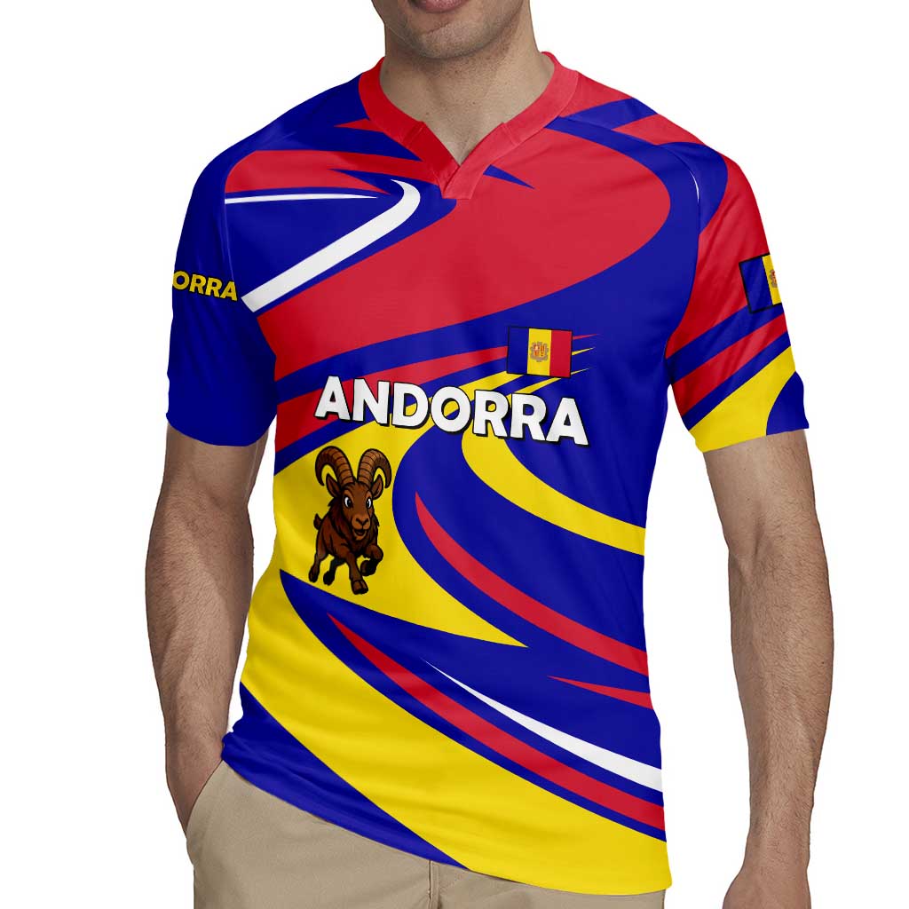Andorra Rugby Jersey with Cartoon Ibex and Swirl Stripe Design - Wonder Print Shop