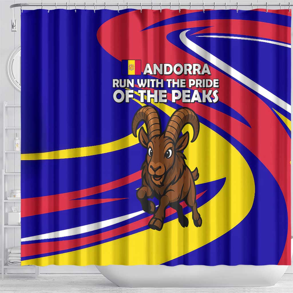 Andorra Shower Curtain with Cartoon Ibex and Swirl Stripe Design - Wonder Print Shop