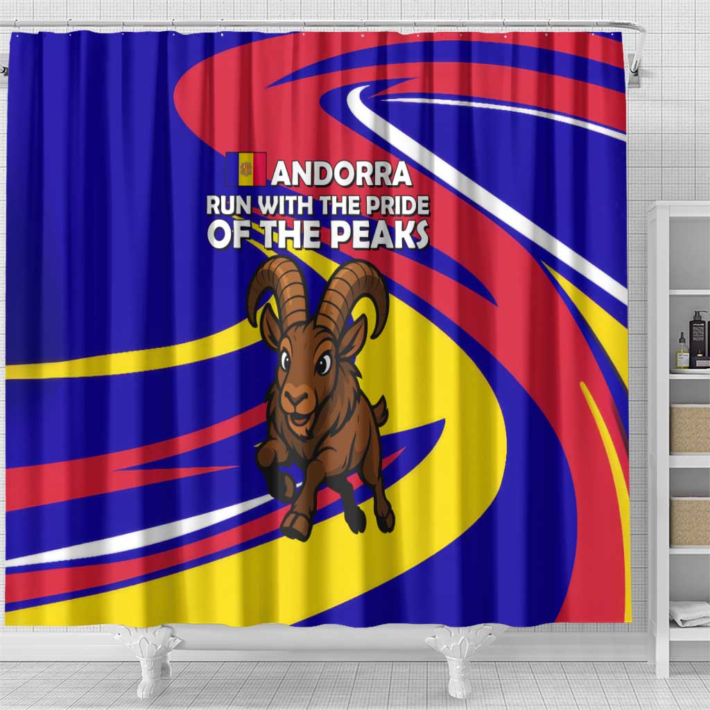 Andorra Shower Curtain with Cartoon Ibex and Swirl Stripe Design - Wonder Print Shop