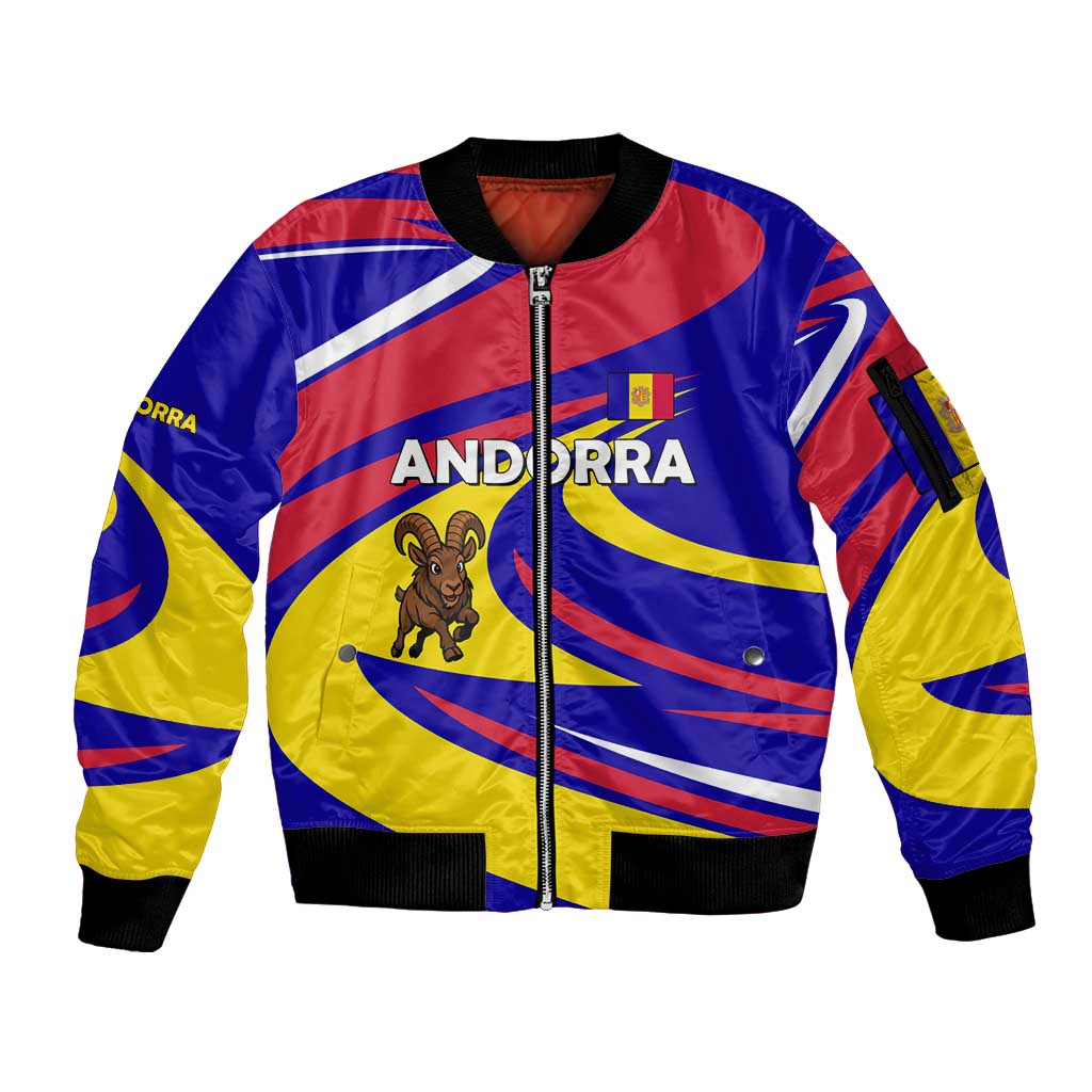 Andorra Sleeve Zip Bomber Jacket with Cartoon Ibex and Swirl Stripe Design - Wonder Print Shop