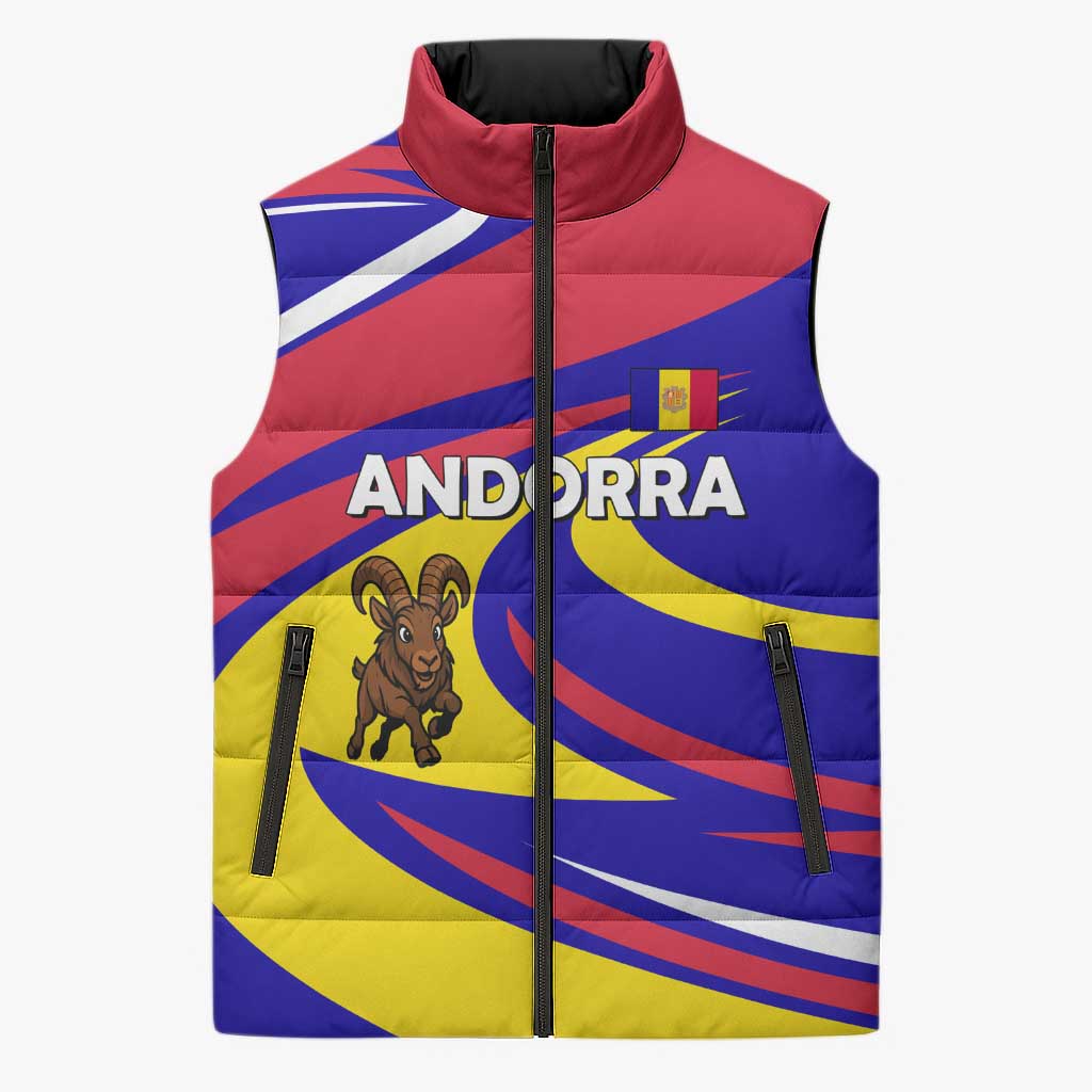 Andorra Sleeveless Puffer Jacket with Cartoon Ibex and Swirl Stripe Design - Wonder Print Shop