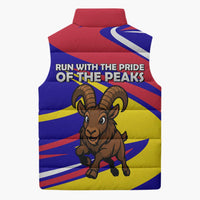 Andorra Sleeveless Puffer Jacket with Cartoon Ibex and Swirl Stripe Design - Wonder Print Shop