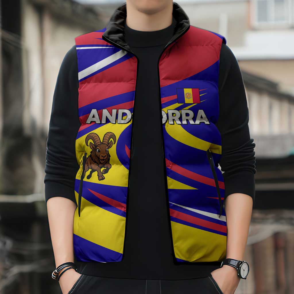 Andorra Sleeveless Puffer Jacket with Cartoon Ibex and Swirl Stripe Design - Wonder Print Shop
