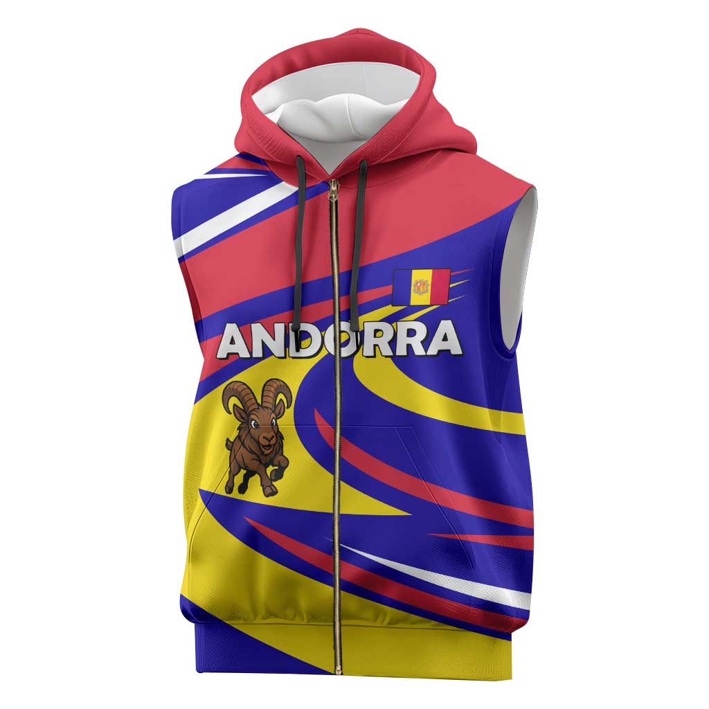Andorra Sleeveless Zip Hoodie with Cartoon Ibex and Swirl Stripe Design - Wonder Print Shop