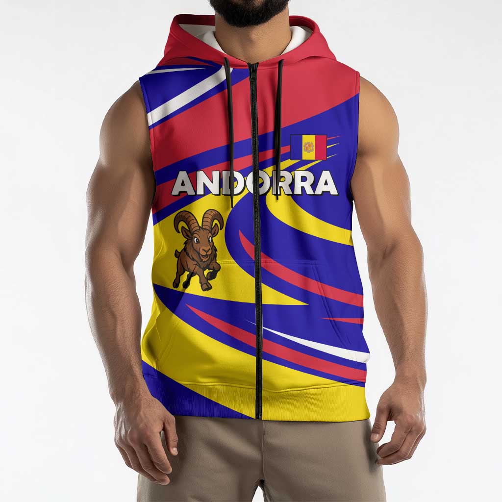 Andorra Sleeveless Zip Hoodie with Cartoon Ibex and Swirl Stripe Design - Wonder Print Shop
