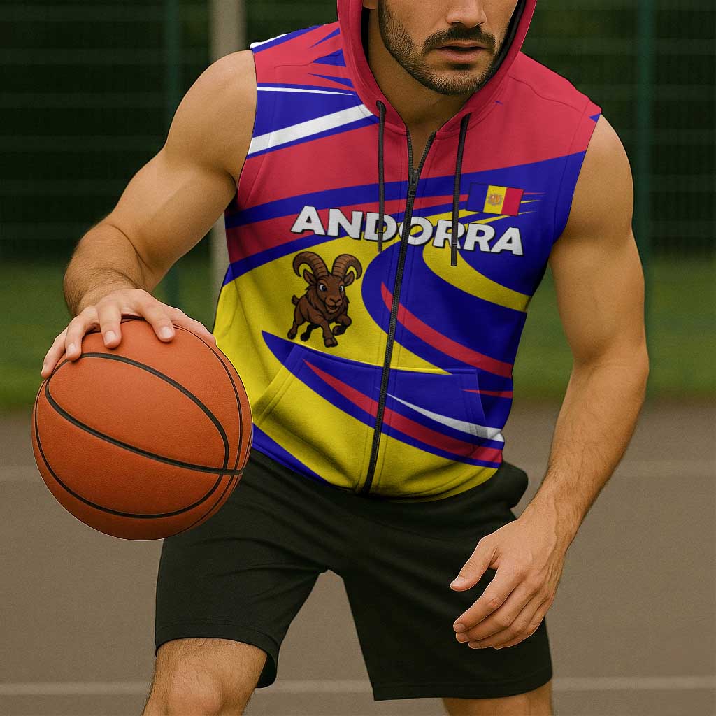 Andorra Sleeveless Zip Hoodie with Cartoon Ibex and Swirl Stripe Design - Wonder Print Shop