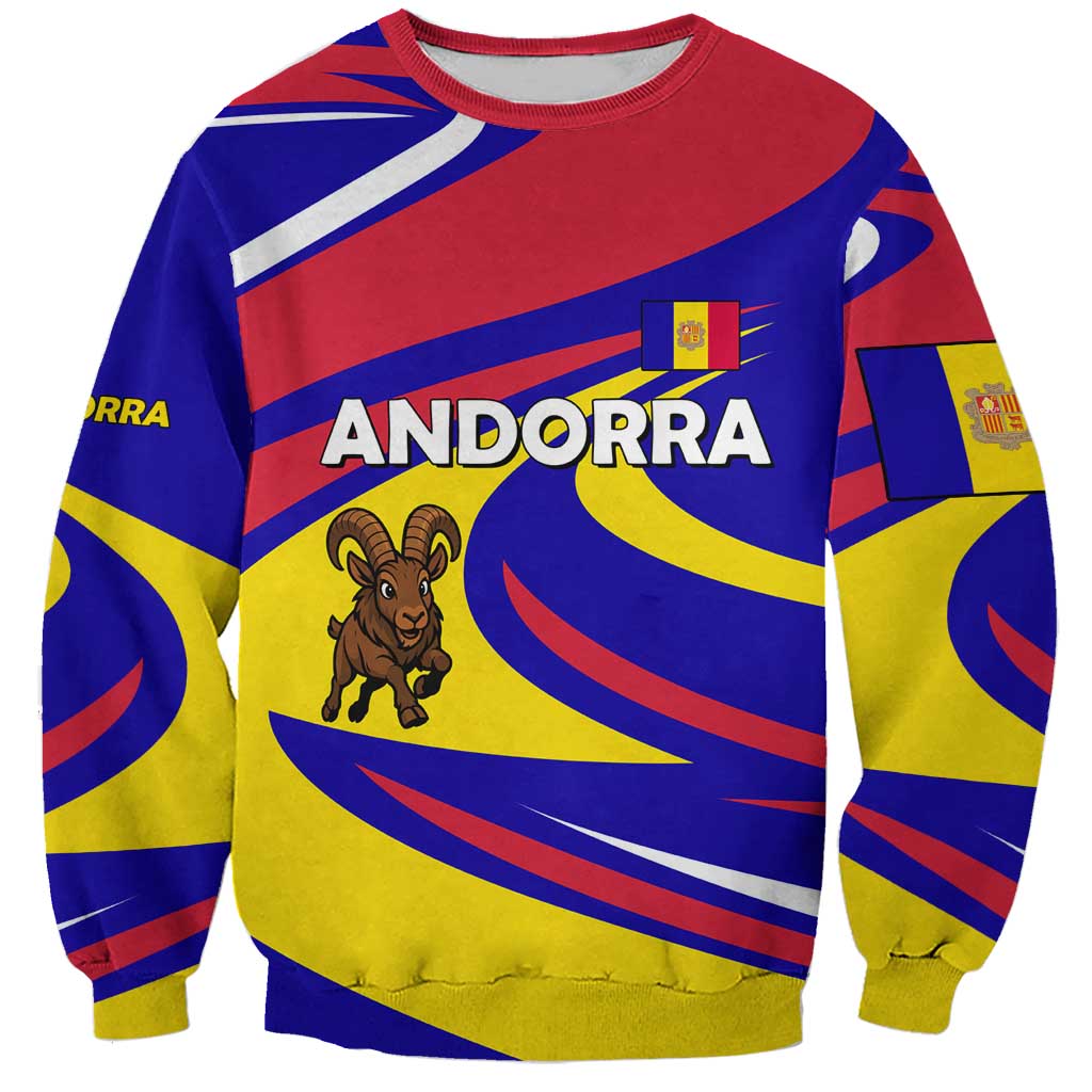 Andorra Sweatshirt with Cartoon Ibex and Swirl Stripe Design - Wonder Print Shop