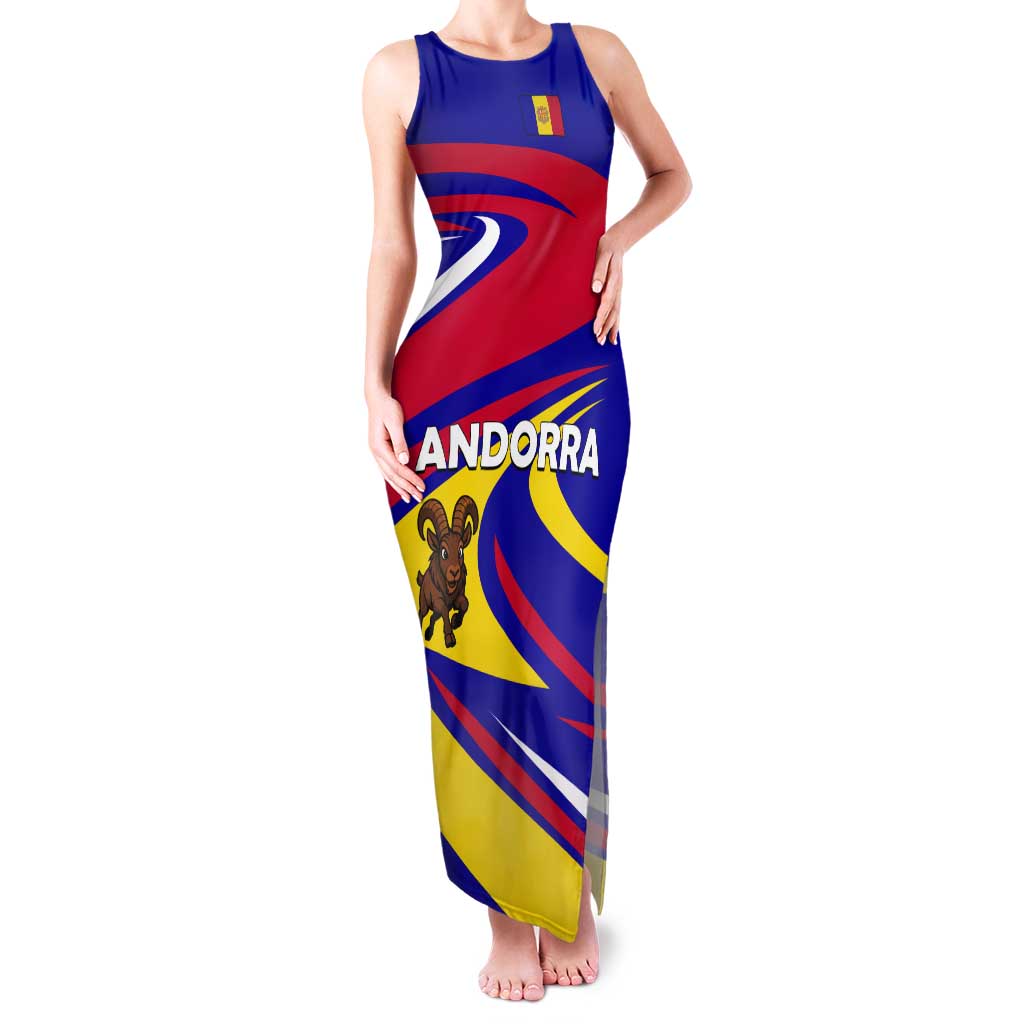 Andorra Tank Maxi Dress with Cartoon Ibex and Swirl Stripe Design - Wonder Print Shop