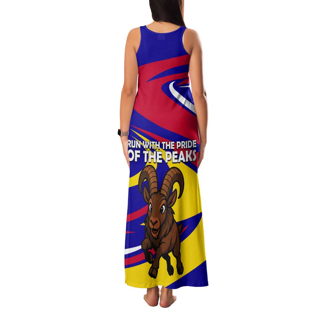 Andorra Tank Maxi Dress with Cartoon Ibex and Swirl Stripe Design - Wonder Print Shop