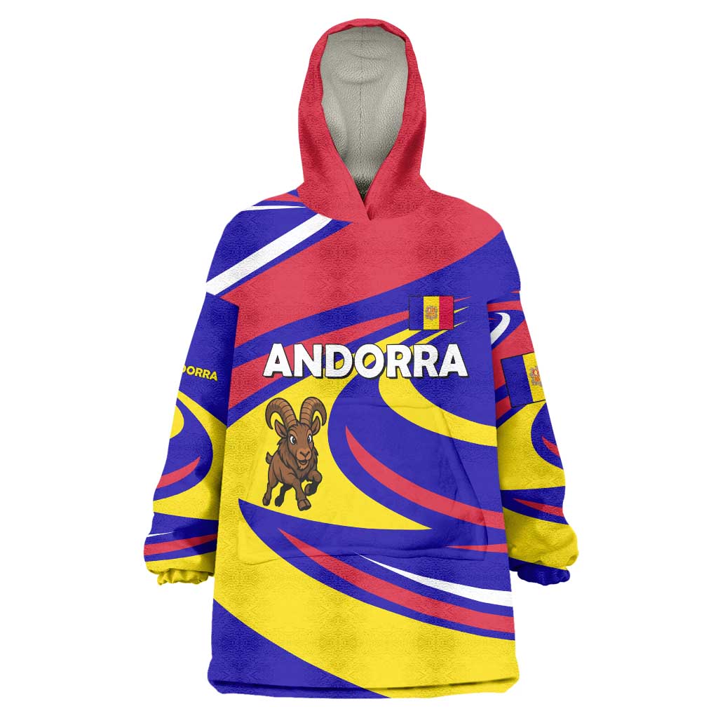 Andorra Wearable Blanket Hoodie with Cartoon Ibex and Swirl Stripe Design - Wonder Print Shop