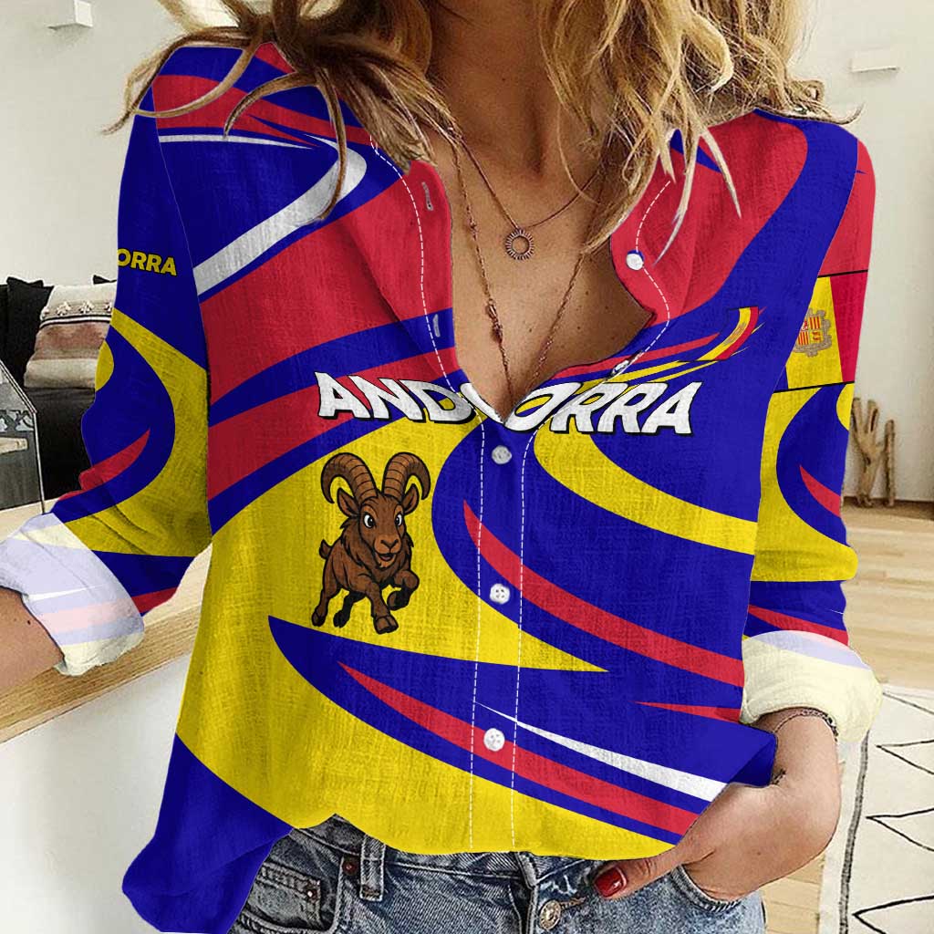 Andorra Women Casual Shirt with Cartoon Ibex and Swirl Stripe Design - Wonder Print Shop