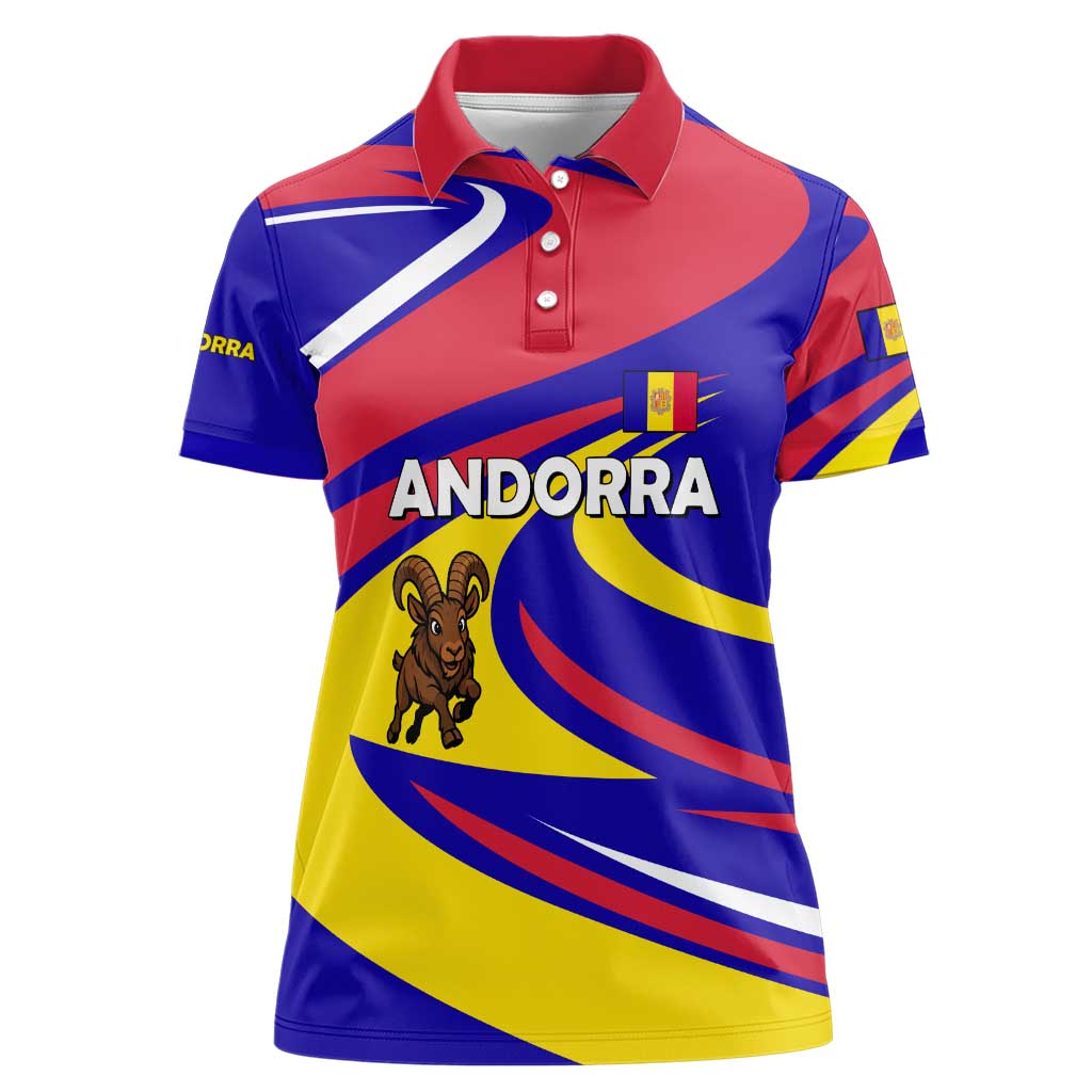Andorra Women Polo Shirt with Cartoon Ibex and Swirl Stripe Design - Wonder Print Shop