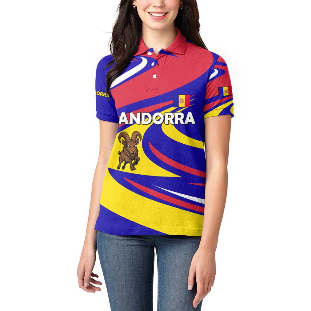 Andorra Women Polo Shirt with Cartoon Ibex and Swirl Stripe Design - Wonder Print Shop