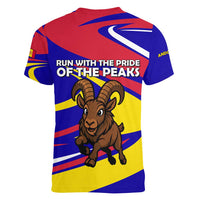 Andorra Women V-Neck T-Shirt with Cartoon Ibex and Swirl Stripe Design - Wonder Print Shop