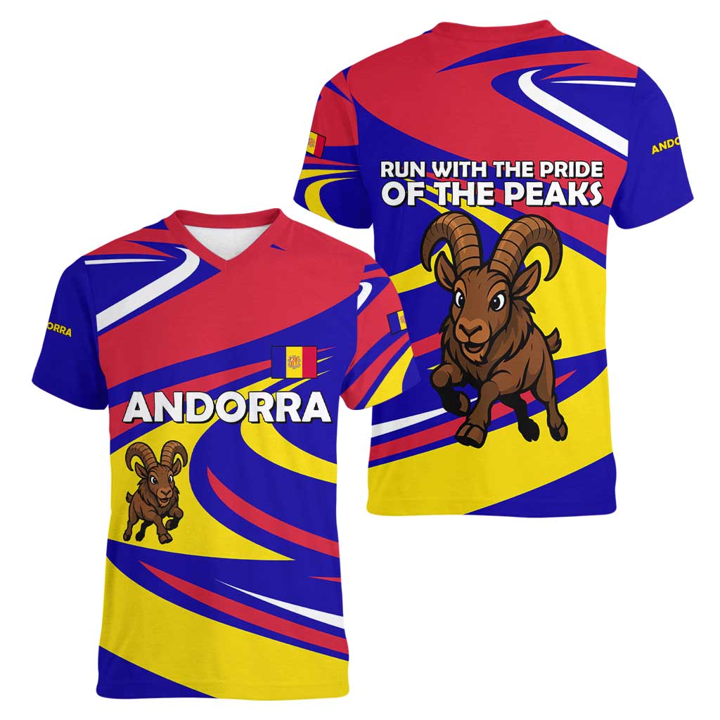 Andorra Women V-Neck T-Shirt with Cartoon Ibex and Swirl Stripe Design - Wonder Print Shop