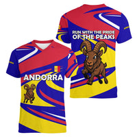 Andorra Women V-Neck T-Shirt with Cartoon Ibex and Swirl Stripe Design - Wonder Print Shop