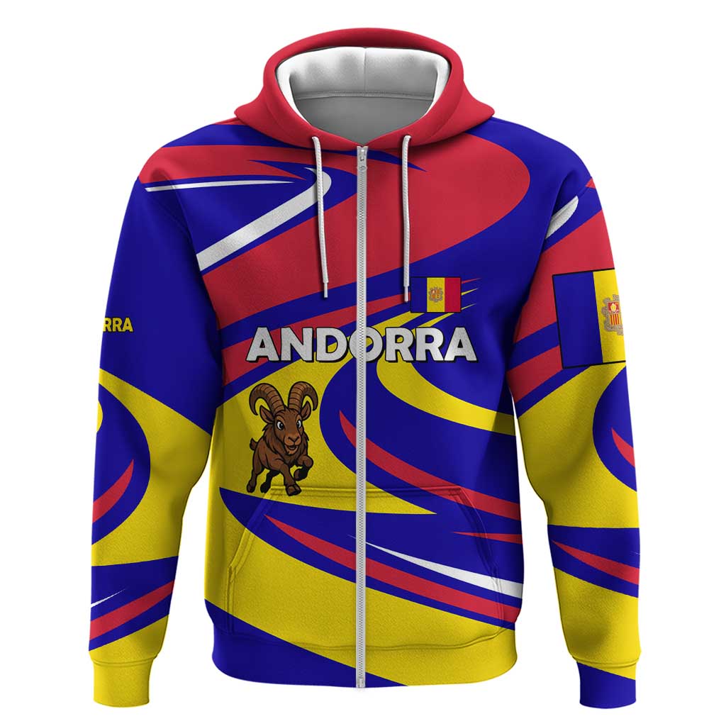 Andorra Zip Hoodie with Cartoon Ibex and Swirl Stripe Design - Wonder Print Shop
