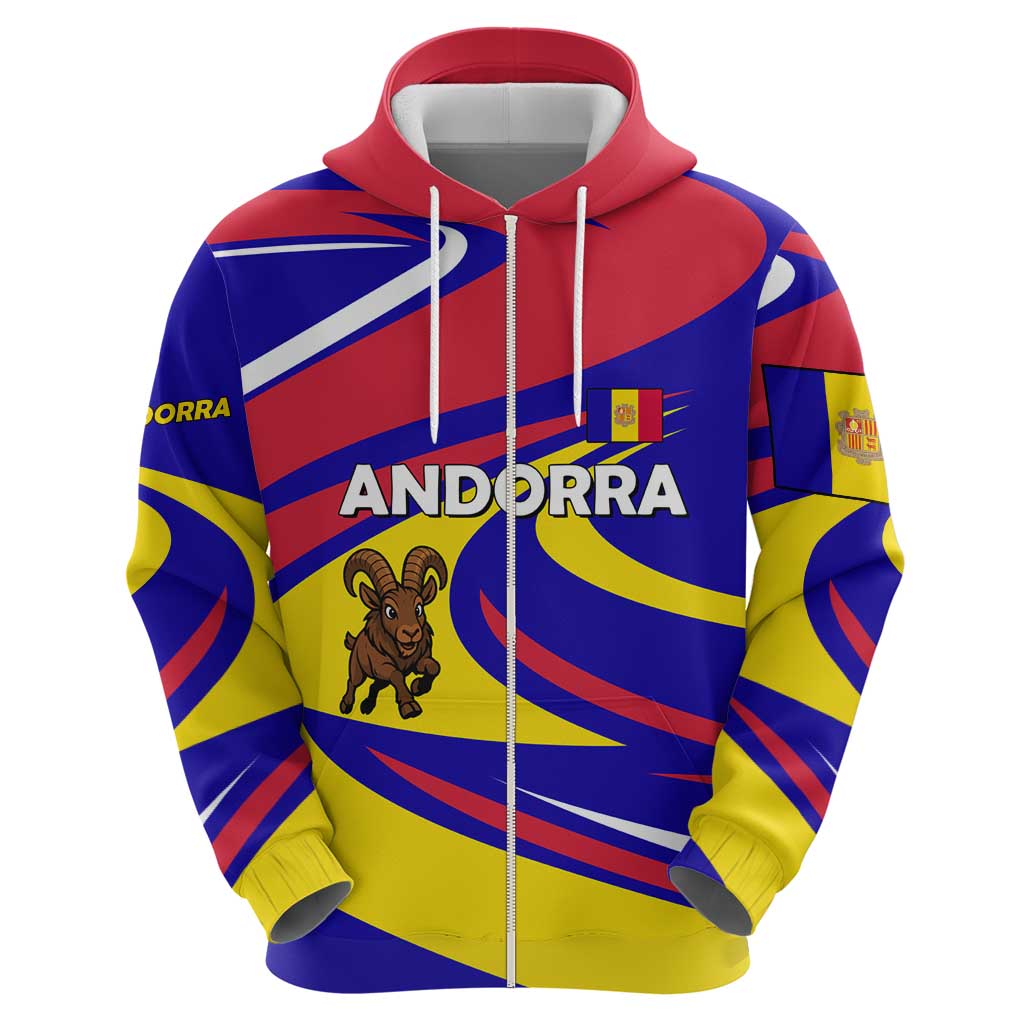 Andorra Zip Hoodie with Cartoon Ibex and Swirl Stripe Design - Wonder Print Shop