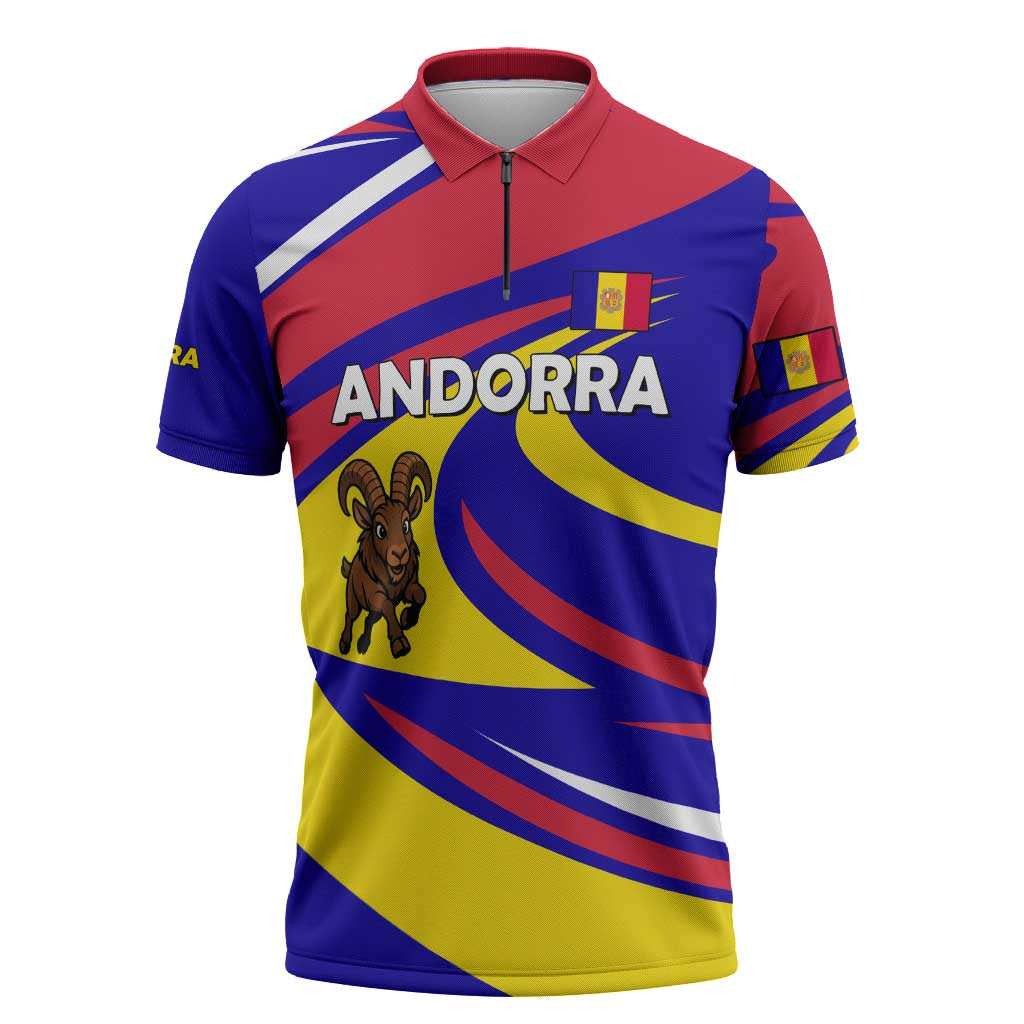 Andorra Zipper Polo Shirt with Cartoon Ibex and Swirl Stripe Design - Wonder Print Shop