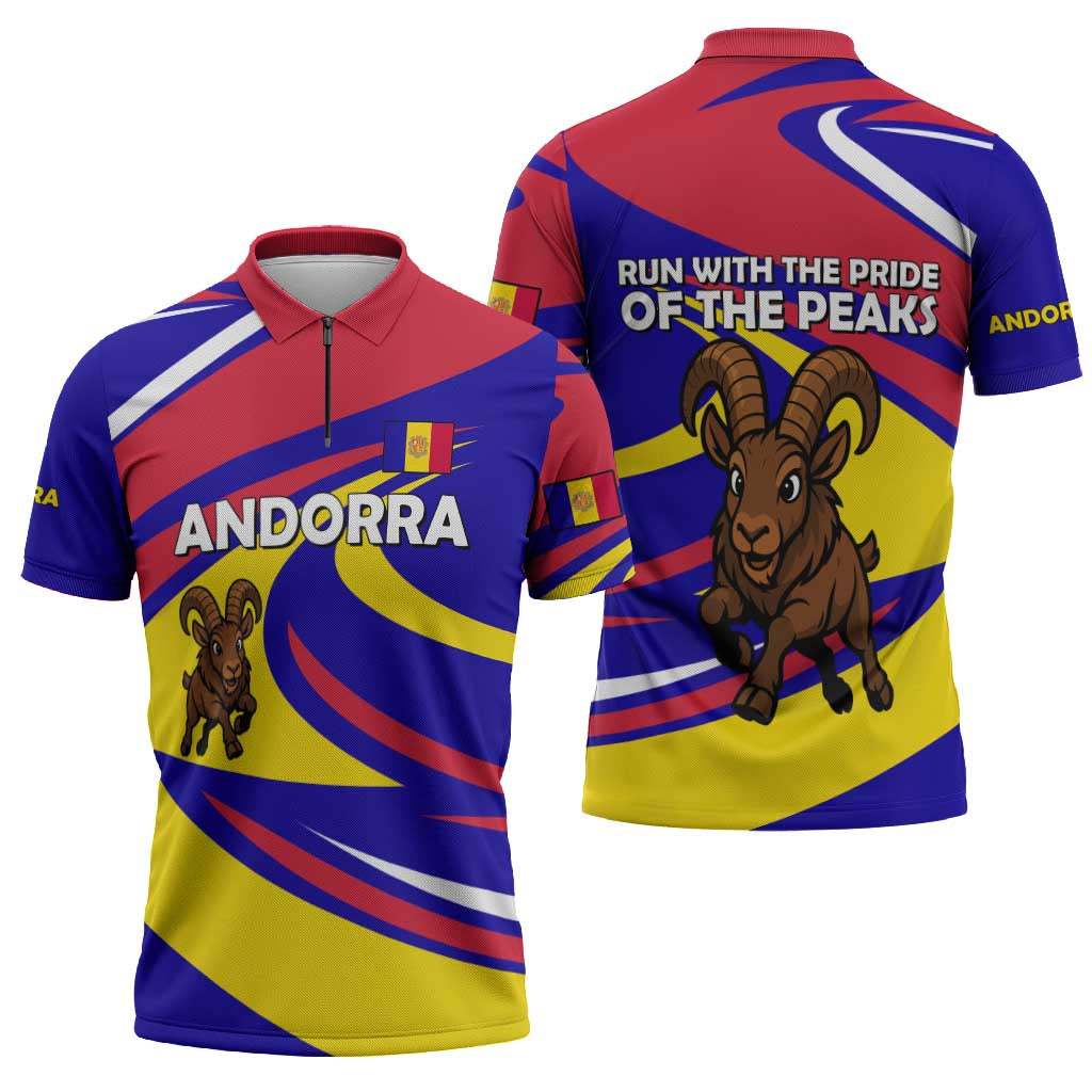 Andorra Zipper Polo Shirt with Cartoon Ibex and Swirl Stripe Design - Wonder Print Shop