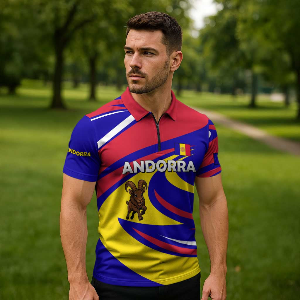Andorra Zipper Polo Shirt with Cartoon Ibex and Swirl Stripe Design - Wonder Print Shop