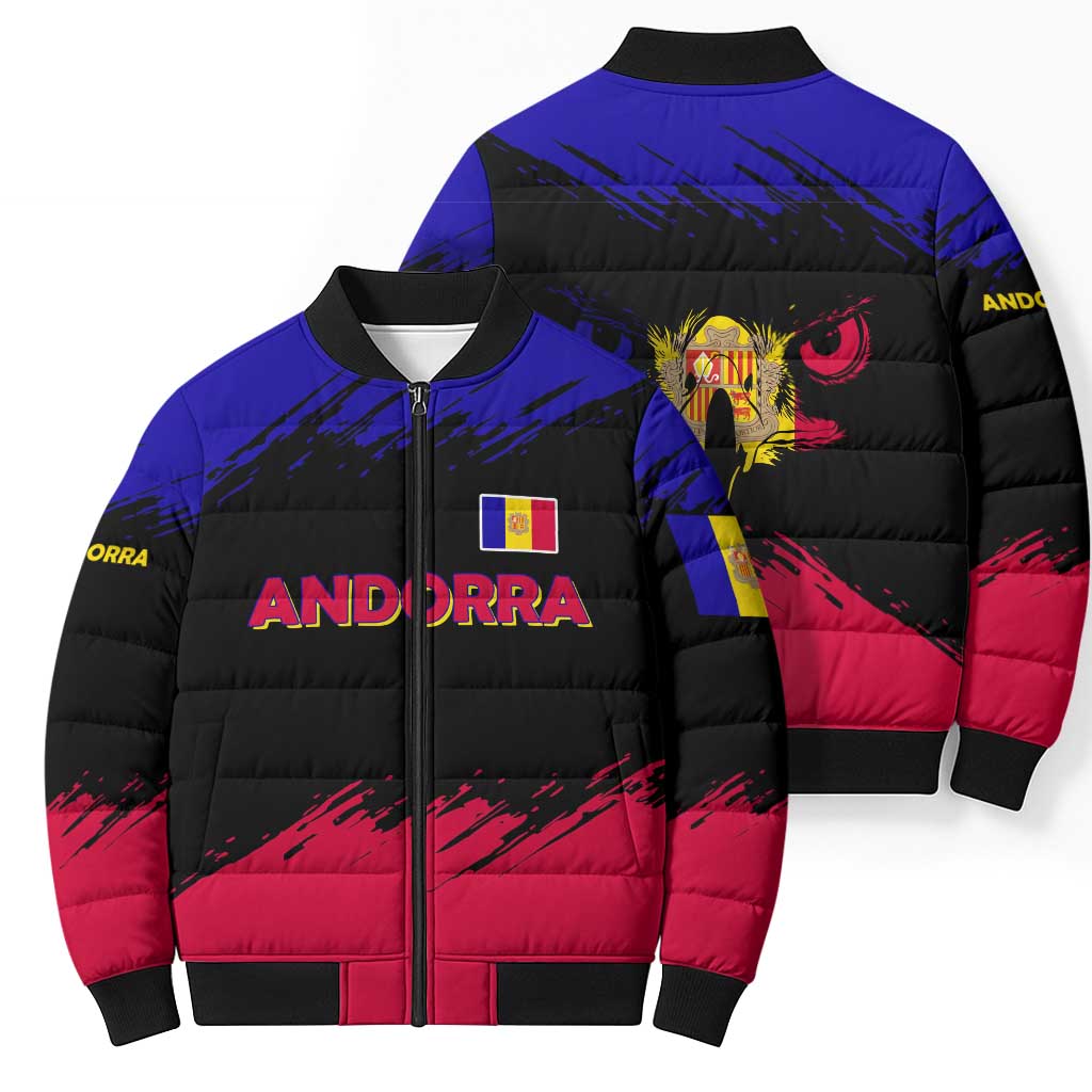 Andorra Bomber Puffer Jacket with Eagle Eyes and Paint Stroke Design - Wonder Print Shop