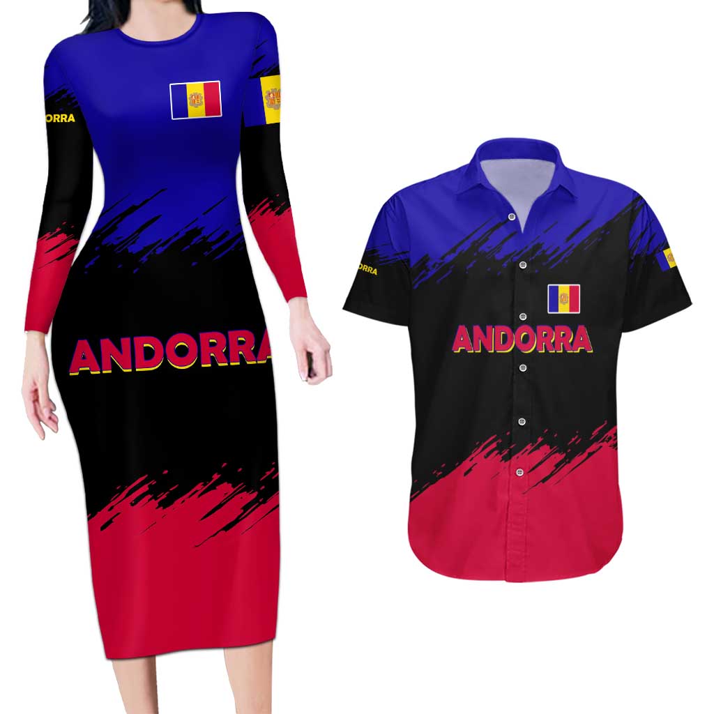Andorra Couples Matching Long Sleeve Bodycon Dress and Hawaiian Shirt with Eagle Eyes and Paint Stroke Design - Wonder Print Shop