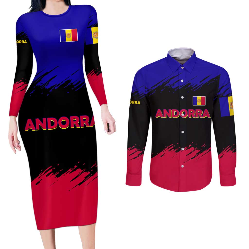 Andorra Couples Matching Long Sleeve Bodycon Dress and Long Sleeve Button Shirt with Eagle Eyes and Paint Stroke Design - Wonder Print Shop