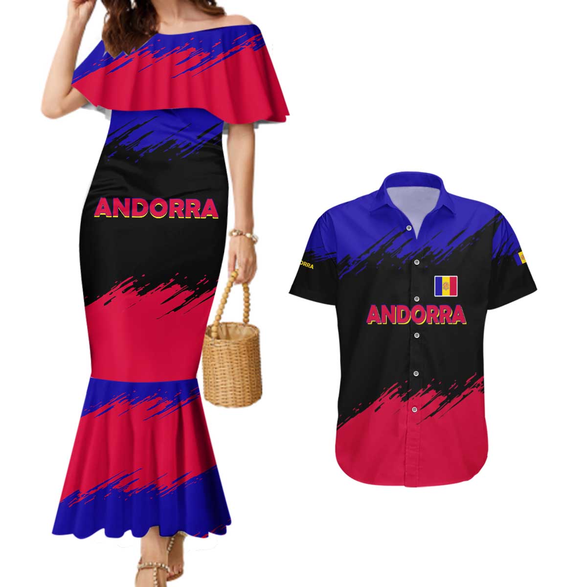 Andorra Couples Matching Mermaid Dress and Hawaiian Shirt with Eagle Eyes and Paint Stroke Design - Wonder Print Shop