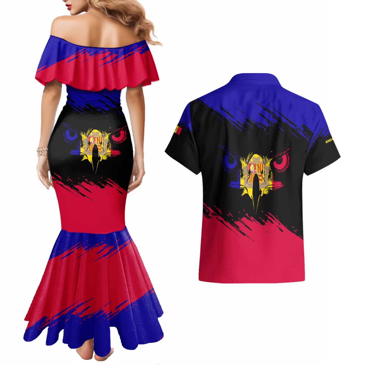 Andorra Couples Matching Mermaid Dress and Hawaiian Shirt with Eagle Eyes and Paint Stroke Design - Wonder Print Shop