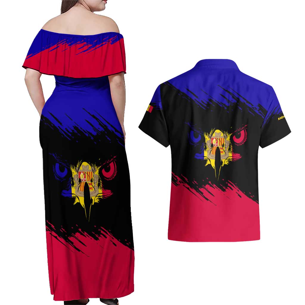 Andorra Couples Matching Off Shoulder Maxi Dress and Hawaiian Shirt with Eagle Eyes and Paint Stroke Design - Wonder Print Shop