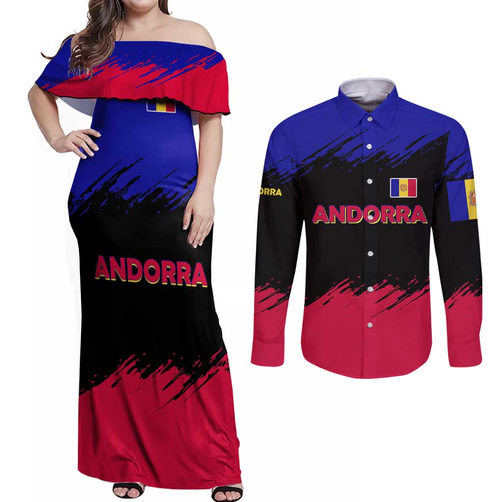 Andorra Couples Matching Off Shoulder Maxi Dress and Long Sleeve Button Shirt with Eagle Eyes and Paint Stroke Design - Wonder Print Shop
