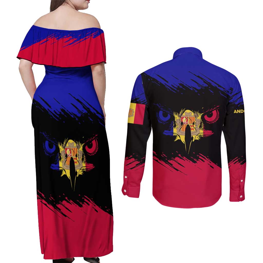 Andorra Couples Matching Off Shoulder Maxi Dress and Long Sleeve Button Shirt with Eagle Eyes and Paint Stroke Design - Wonder Print Shop