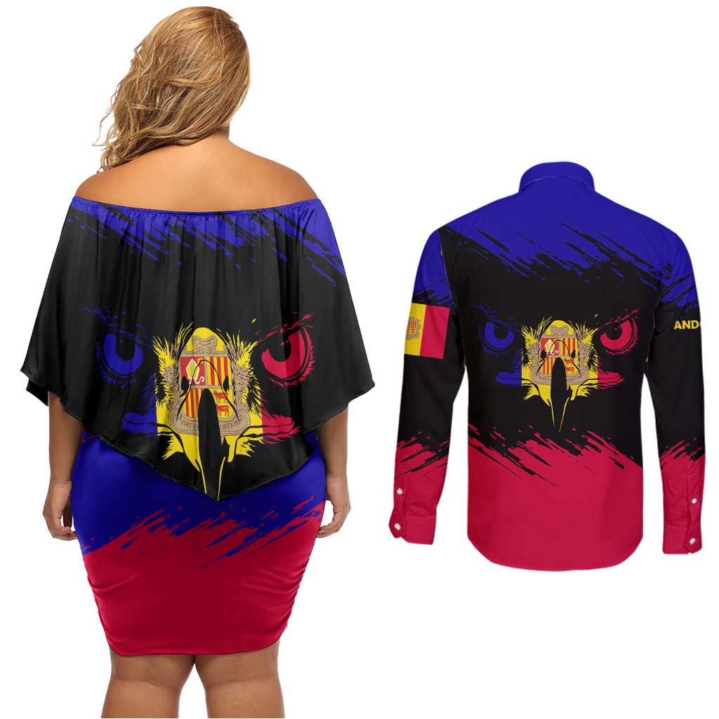 Andorra Couples Matching Off Shoulder Short Dress and Long Sleeve Button Shirt with Eagle Eyes and Paint Stroke Design - Wonder Print Shop