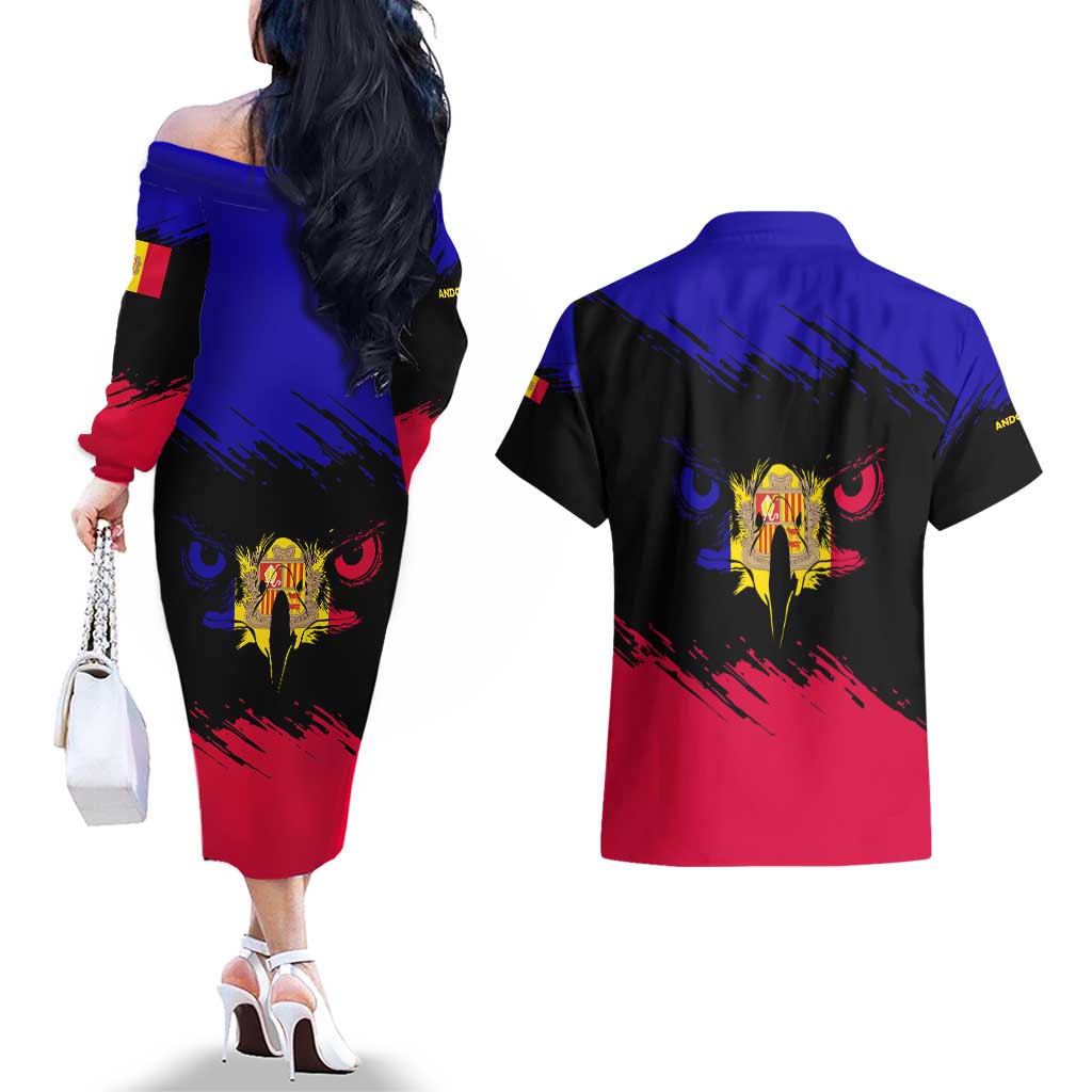 Andorra Couples Matching Off The Shoulder Long Sleeve Dress and Hawaiian Shirt with Eagle Eyes and Paint Stroke Design - Wonder Print Shop