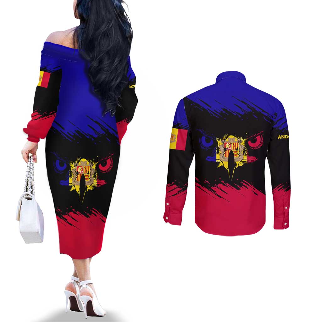 Andorra Couples Matching Off The Shoulder Long Sleeve Dress and Long Sleeve Button Shirt with Eagle Eyes and Paint Stroke Design - Wonder Print Shop