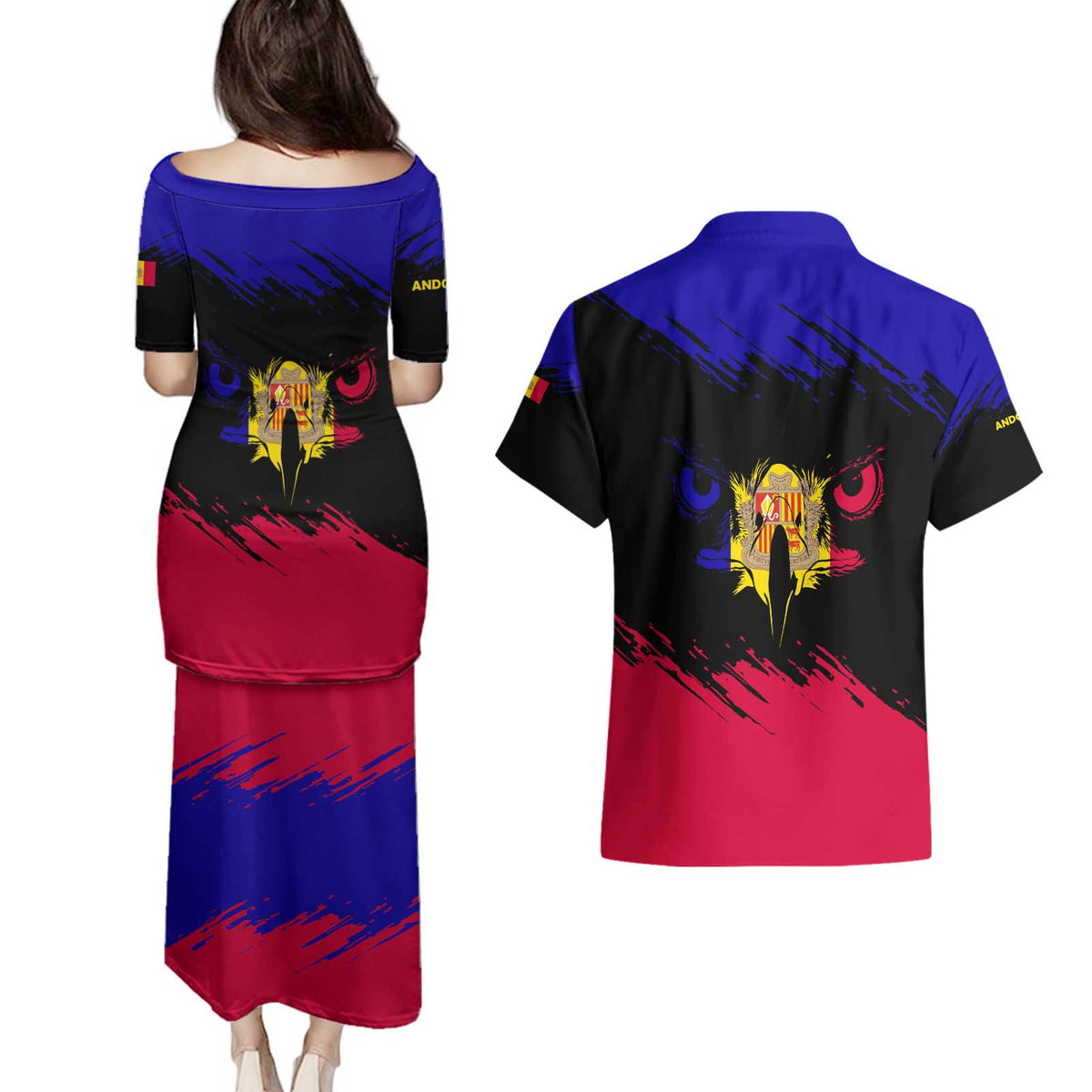 Andorra Couples Matching Puletasi and Hawaiian Shirt with Eagle Eyes and Paint Stroke Design - Wonder Print Shop