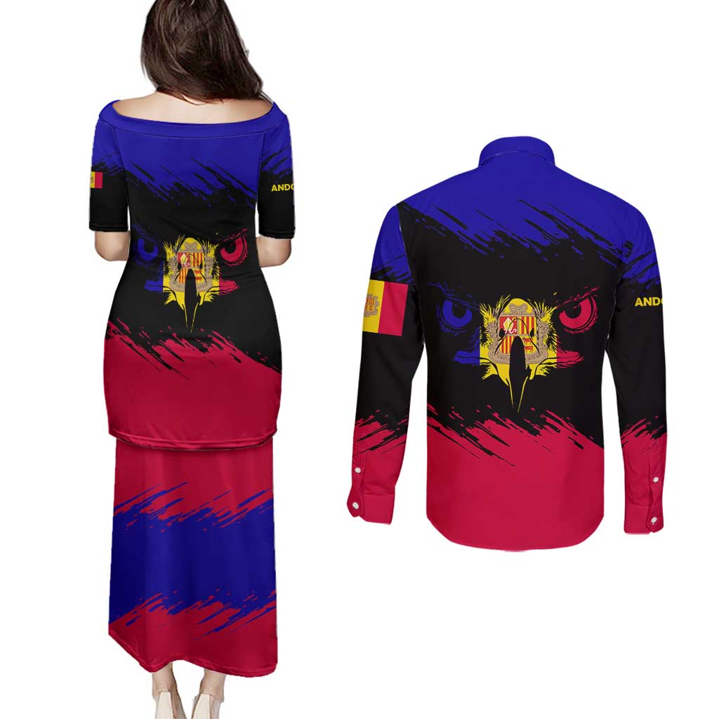 Andorra Couples Matching Puletasi and Long Sleeve Button Shirt with Eagle Eyes and Paint Stroke Design - Wonder Print Shop