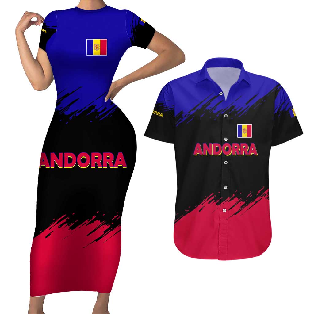 Andorra Couples Matching Short Sleeve Bodycon Dress and Hawaiian Shirt with Eagle Eyes and Paint Stroke Design - Wonder Print Shop