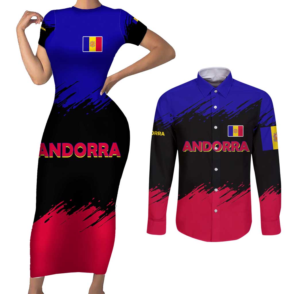 Andorra Couples Matching Short Sleeve Bodycon Dress and Long Sleeve Button Shirt with Eagle Eyes and Paint Stroke Design - Wonder Print Shop